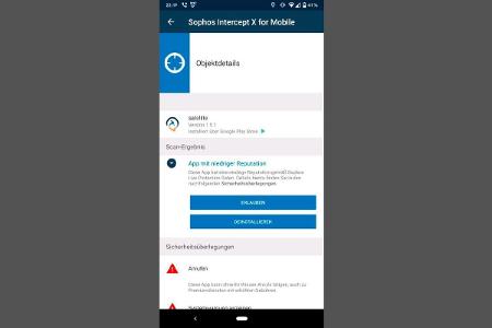 Hat der Sophos-Scanner eine App mit schlechtem Ruf identifiziert, finden Sie in der Detailanalyse den genauen Grund dafür. W...