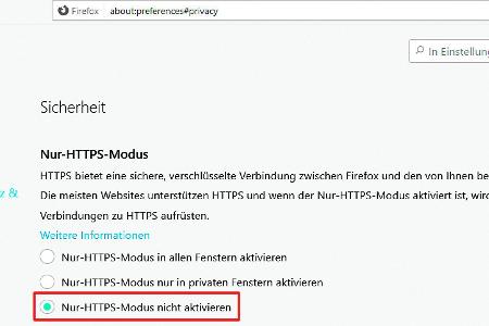 Die erweiterte Sicherheitsfunktion in Firefox nennt sich „Nur-HTTPS-Modus“. Diese kann jedoch im Heimnetz zu Problemen führe...