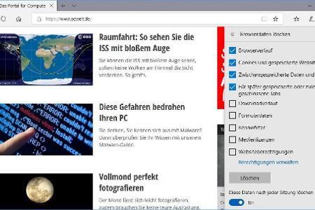 In Edge können Sie Browser-Daten nur komplett löschen, eine Auswahl ist nicht möglich