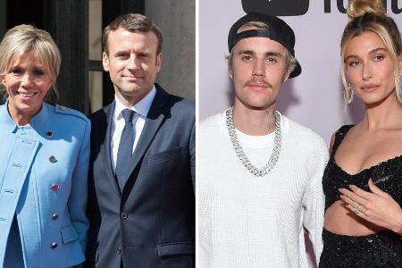 Das französische Präsidentenpaar Emmanuel und Brigitte Macron (l.) hat sich mit Musiker Justin Bieber und Ehefrau Hailey get...