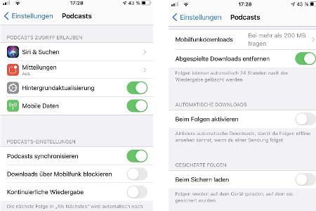 In den Einstellungen für die Podcasts-App legt man fest, ob Folgen automatisch auf das iPhone geladen werden sollen.