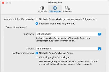 In den Vorgaben legt man auch fest, ob die Wiedergabe am Ende einer Episode gestoppt werden soll oder nicht.