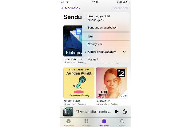Über ein Menü lässt sich festlegen, wie die Podcasts unter Sendungen angeordnet sein sollen.