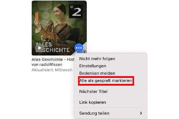 Mit iOS 14.6 und macOS 11.4 erhält die Podcasts-App eine neue Option, um alle Folgen einer Sendung als gespielt zu markieren.