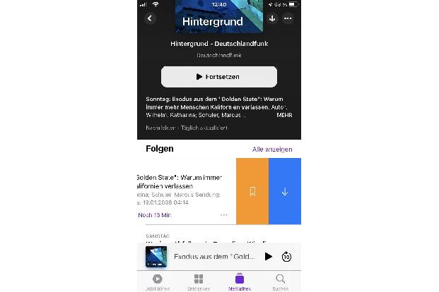 Möchte man eine Folge sichern oder laden, streicht man auf dem iPhone von rechts nach links über eine Episode.