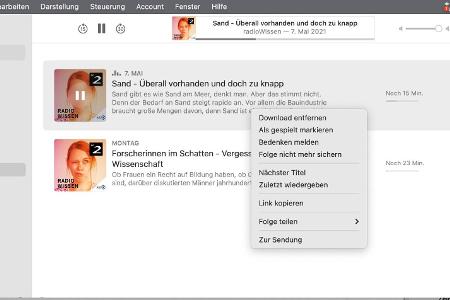Um auf dem Mac eine gesicherte oder geladene Episode zu entfernen, klickt man die Symbole erneut an oder nimmt das Kontextmenü.