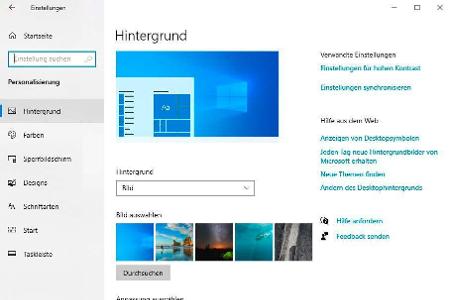 In der Einstellungen-App von Windows 10 sind unter „Personalisierung“ die wichtigsten Möglichkeiten zum Anpassen des Systemd...