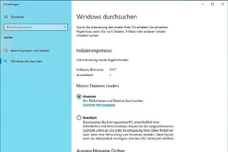 Über die Windows-Einstellungen gelangen Sie über „Klassisch“ und „Suchort hier anpassen“ zu den Indizierungsoptionen.
