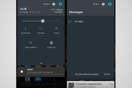 Moderne Android-Smartphones können über die „Übertragen“-Funktion im Dropdown-Menü an Miracast-fähige Fernseher gekoppelt we...