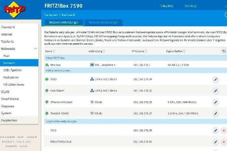 In den Netzwerkverbindungen der Fritzbox werden alle aktiven und momentan ungenutzten LAN- und WLAN-Geräte gelistet.