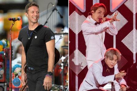 Coldplay rund um Frontmann Chris Martin (l.) und BTS verfügen beide über riesige Fangemeinden. Coldplay rund um Frontmann Chris Martin (l.) und BTS verfügen beide über riesige Fangemeinden.