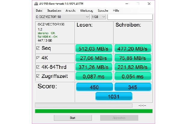 Ein ausführliches Ergebnis zur Leistung Ihres Flashspeichers erhalten Sie über AS SSD.