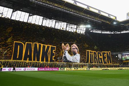 Bei seinem letzten Bundesliga-Heimspiel als Dortmunder Trainer wird Kloppo von den Fans noch einmal frenetisch gefeiert.