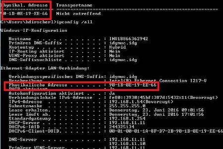 Mit ipconfig /all lässt sich ebenfalls die physikalische Adresse, also die Mac Adresse ermitteln.