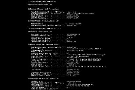 Die Ausgabe von ipconfig (oben) und ipconfig /all (unten).