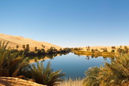 Das Oasengebiet Ubari, im lybischen Teil der Sahara, ist das Zuhause von tausenden Menschen. Die Salzseen sind von Palmen um...