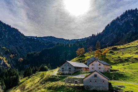 Satte grüne Berghänge gibt es in der Region Bregenzerwald. Die vielen kleinen Dörfer sind perfekte Raststationen auf ausgieb...