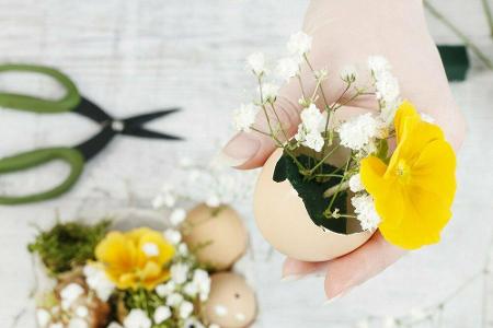 Auch Blumen in leeren, halbierten Eierschalen sorgen für Osterstimmung. Für den nötigen Halt sorgt ein Stück Steckschaum.