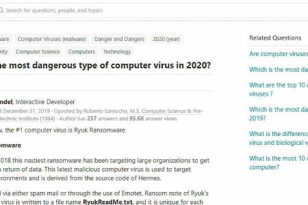 Die Website Quora wählte die Ransomware Ryuk im Jahr 2020 zur gefährlichsten Malware der Welt.