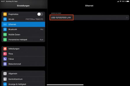 Ein per USB-C angeschlossener Ethernet-Adapter erscheint prompt in den Einstellungen.