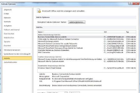 Unter Datei, Optionen, Add-Ins sehen Sie, welche Outlook-Plugins Sie installiert haben.