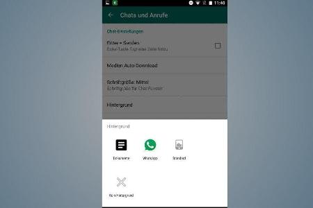 Als Hintergrund lassen sich neben lokal gespeicherten Bildern über das Whatsapp-Icon weitere Bilder aufs Gerät laden.