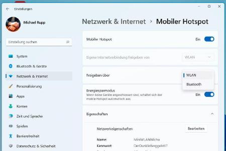 Die Einstellungen zum Teilen der Internetverbindung finden sich in Windows 11 gesammelt in einem Dialogfenster. Hier lässt s...
