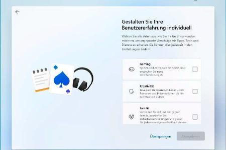 Windows 11 will bei der Installation wissen, wofür Sie Ihren PC nutzen möchten – passend zur Auswahl wird das Startmenü mit ...