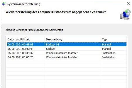 Wahl des gewünschten Wiederherstellungspunkt, um zu einem vorherigen Systemzustand zurückzukehren.