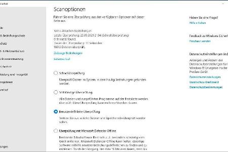 Soll Windows 11 den Inhalt eines Ordners auf Virenbefall prüfen, lässt sich dies in den „Scanoptionen“ für die „Benutzerdefi...