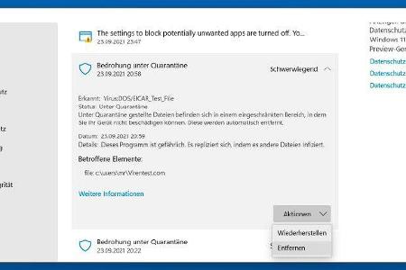 Mit der im Editor erstellten Eicar-Testdatei lässt sich Windows 11 zu Testzwecken zu einem Virenalarm provozieren.