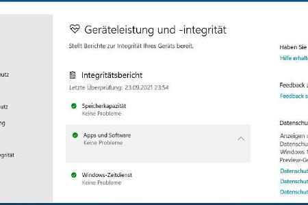 Auf der Seite „Geräteleistung und -integrität“ checkt Windows 11, ob es Probleme mit der Speicherkapazität, den Gerätetreibe...