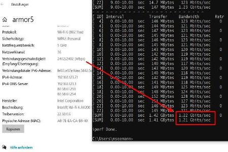 Nur wenn im Wi-Fi-6-Client die Linkrate 2402 Mbit/s angezeigt wird, lassen sich hohe Nettodatenraten bis zu 1,2 Gigabit/s (h...