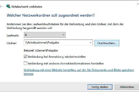 Eine Freigabe im Heimnetz lässt sich im Windows-Explorer als Netzlaufwerk anzeigen, inklusive frei wählbarem Laufwerksbuchst...