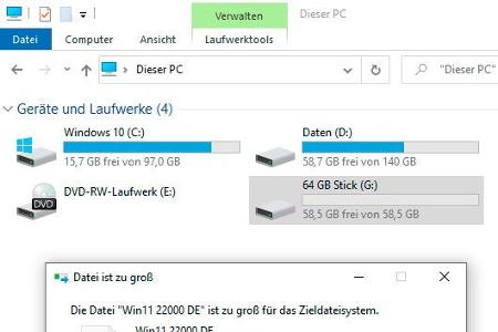 Warum passt die 5 GB große Datei nicht auf den Stick mit fast 60 GB Kapazität? Ursache ist das Dateisystem FAT32, das Dateien auf 4 GB beschränkt.