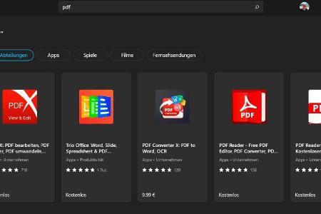 Die Suche im Microsoft Store liefert so manches Ergebnis. Manchmal gibt es auch Sammlungen mit Empfehlungen von Microsoft. Mit Filtern lassen sich Ergebnisse eingrenzen.