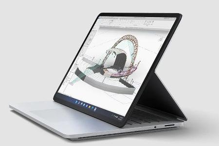 Beim Surface Laptop Studio lässt sich das Display per speziellem Drehgelenk in die optimale Position für Tastatur-, Touch- oder Stifteingaben bringen.