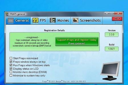 Fraps - Mit Fraps erstellen Sie nicht nur Screenshots, sondern nehmen auch Videos von unter Open GL und DirectX laufenden Anwendungen auf. Die Bildwiederholrate von 3D-Spielen wird in Echtzeit angezeigt.