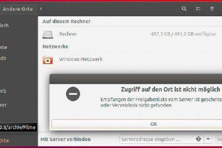 Die Netzwerkübersicht scheitert. Sie können den Samba-Fehler kompensieren, indem Sie wichtige Freigaben als Lesezeichen ablegen.
