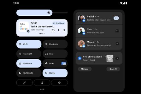 Android 12L verbessert die Darstellung von Apps auf großen Bildschirmen – zum Beispiel durch ein zweispaltiges Layout von Schnellzugriffen und Benachrichtigungen.