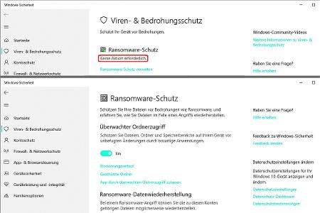 Die Statusmeldung von Windows ist missverständlich, da der Ransomware-Schutz deaktiviert ist. Erst nach dem Einschalten überwacht er die eingestellten Daten.