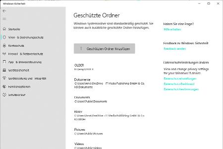 Nach dem Einschalten des Ransomware-Schutzes sollten Sie unter „Geschützte Ordner“ kontrollieren, welche Ordner tatsächlich überwacht werden.