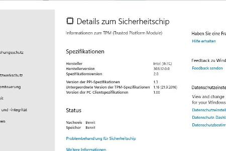 In der App Windows Sicherheit zeigt das Betriebssystem an, ob ein TPM-Chip verbaut ist und welche Version dieser hat. Für Windows 11 benötigen Sie die Version 2.0.