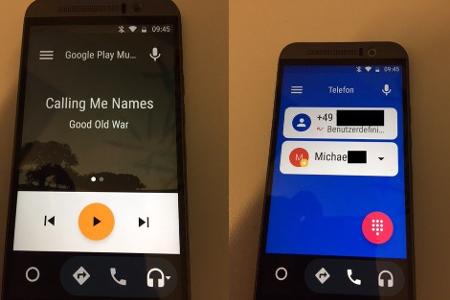 Android Auto stand-alone nur auf dem Smartphone: links Google Play Music, rechts Telefonie.