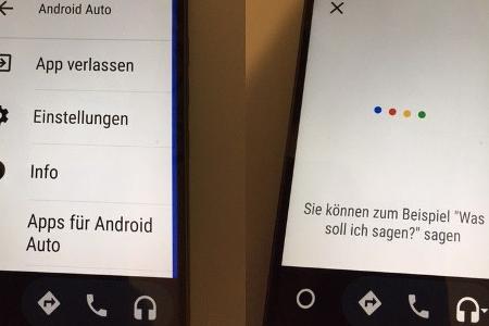 Android Auto stand-alone nur auf dem Smartphone: links die Einstellungen, rechts die Sprachsteuerung.