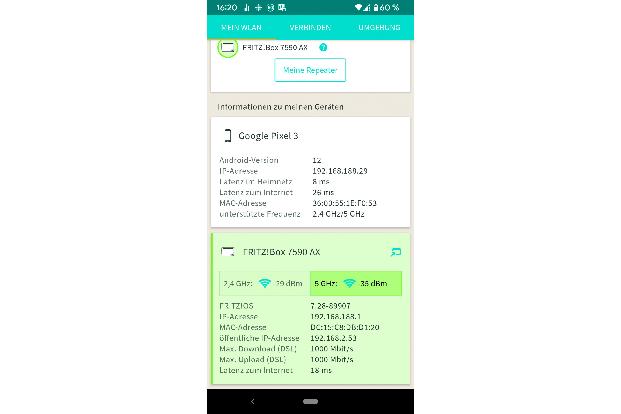Die aktuelle Fritz-WLAN-App zeigt die Latenz der Funkstrecke zur Fritzbox und vom Router ins Internet an.