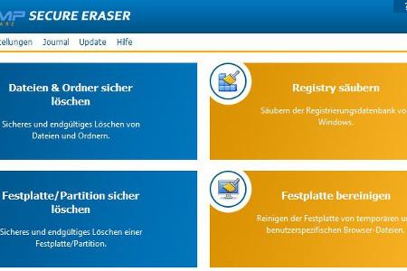 In der Hauptansicht von Ascomp Secure Eraser Pro haben Sie im Überblick alle wichtigen Funktionen, mit denen Sie Dateien, Ordner, aber auch ganze Festplatten sicher bereinigen.