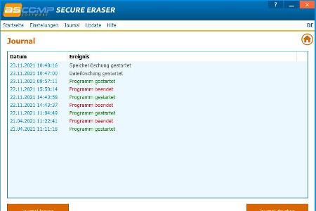 Über den Reiter „Journal“ erhalten Sie eine Auflistung aller Aktivitäten von Secure Eraser Pro. Sie sehen hier neben den Start- und Endzeiten auch alle Löschvorgänge mit Datum und Uhrzeit.