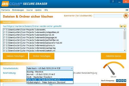 Zum sicheren Löschen der Inhalte bietet Ihnen der Secure Eraser Pro fünf Methoden an, die sich in der Anzahl der Schreibdurchgänge und der Art der verwendeten Daten unterscheiden.