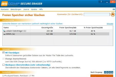 Eine Funktion von Secure Eraser Pro kümmert sich um bereits gelöschte Daten, die sich etwa im Papierkorb befinden. Sie lassen sich auf Wunsch mit einer der fünf Löschmethoden endgültig von der Platte fegen.